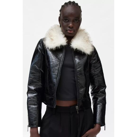 Unreal Fur Aviator Jacket Medium Black Bomber Fur Collar Wet Look Vegan Leather - Picture 1 of 13